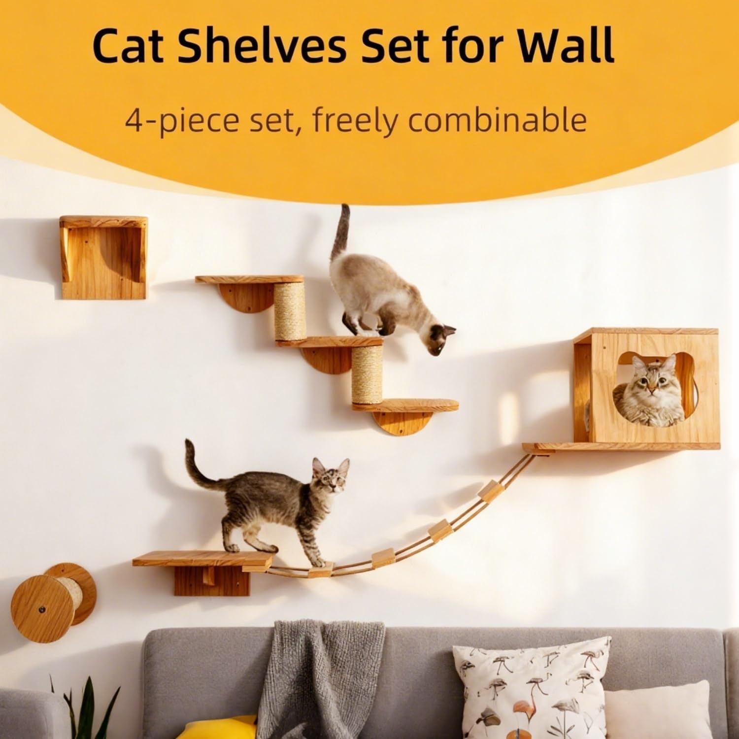 XXL kattenklimwand, wandbox van hout, 4-delig, met kattenhol, hangbrug, trap en sisalkolom, perfect wandmeubel voor katten