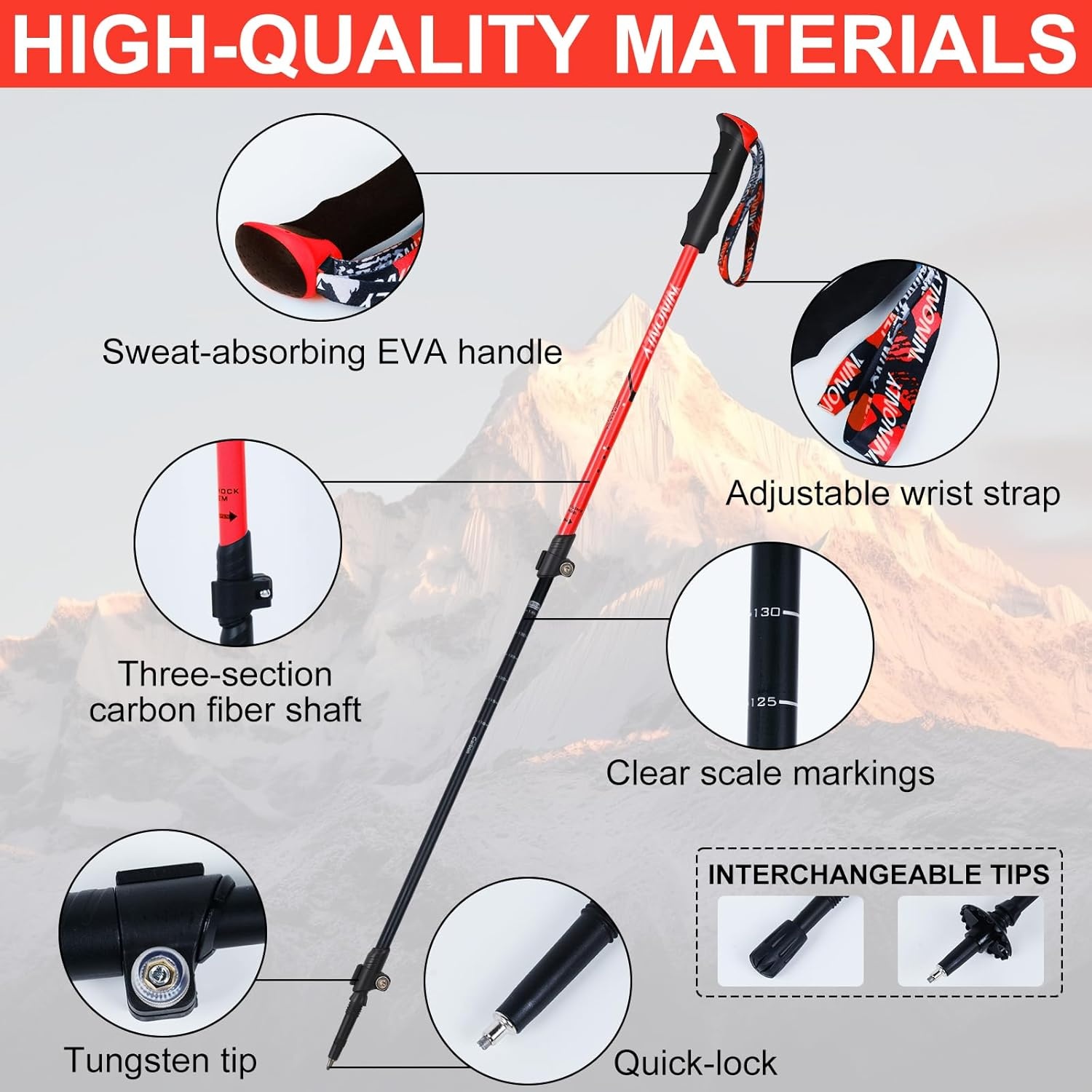 Ninonly Opvouwbare wandelstokken, carbon, Nordic Walking stokken voor dames en heren, lichte telescopische wandelstokken met EVA-handgreep en 3 punten, 150 kg draagkracht voor wandelingen, trekking