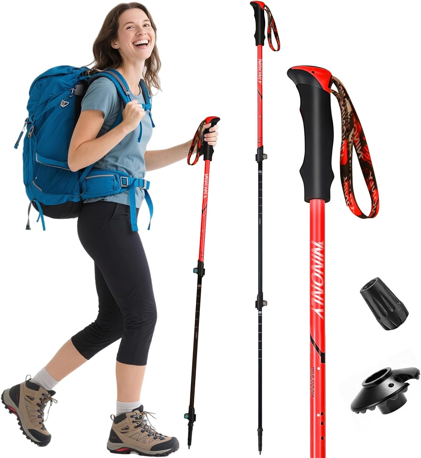 Ninonly Opvouwbare wandelstokken, carbon, Nordic Walking stokken voor dames en heren, lichte telescopische wandelstokken met EVA-handgreep en 3 punten, 150 kg draagkracht voor wandelingen, trekking