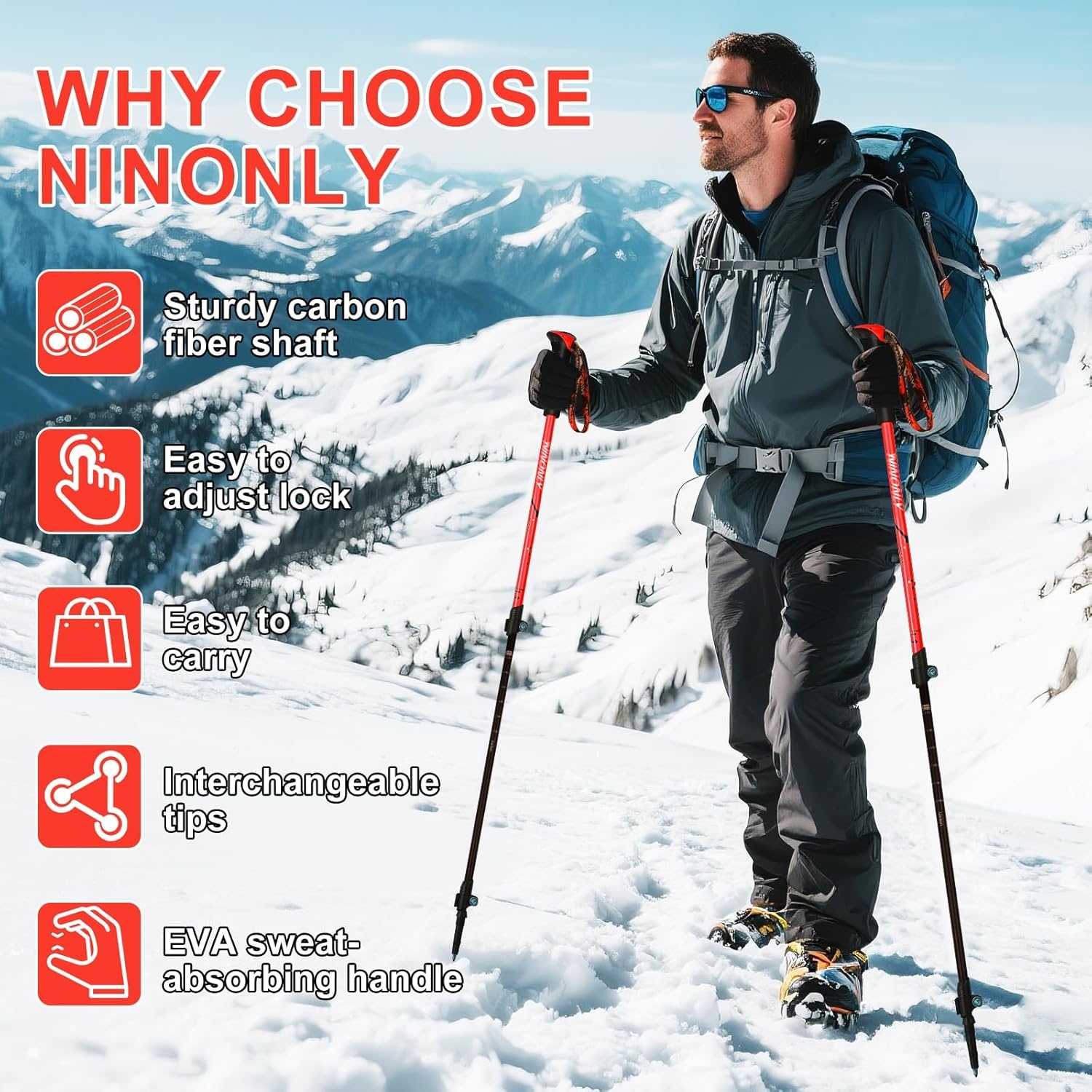 Ninonly Opvouwbare wandelstokken, carbon, Nordic Walking stokken voor dames en heren, lichte telescopische wandelstokken met EVA-handgreep en 3 punten, 150 kg draagkracht voor wandelingen, trekking