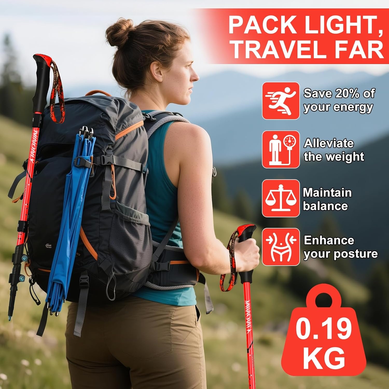 Ninonly Opvouwbare wandelstokken, carbon, Nordic Walking stokken voor dames en heren, lichte telescopische wandelstokken met EVA-handgreep en 3 punten, 150 kg draagkracht voor wandelingen, trekking