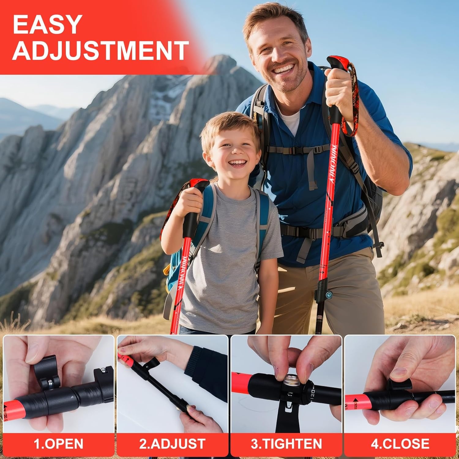 Ninonly Opvouwbare wandelstokken, carbon, Nordic Walking stokken voor dames en heren, lichte telescopische wandelstokken met EVA-handgreep en 3 punten, 150 kg draagkracht voor wandelingen, trekking