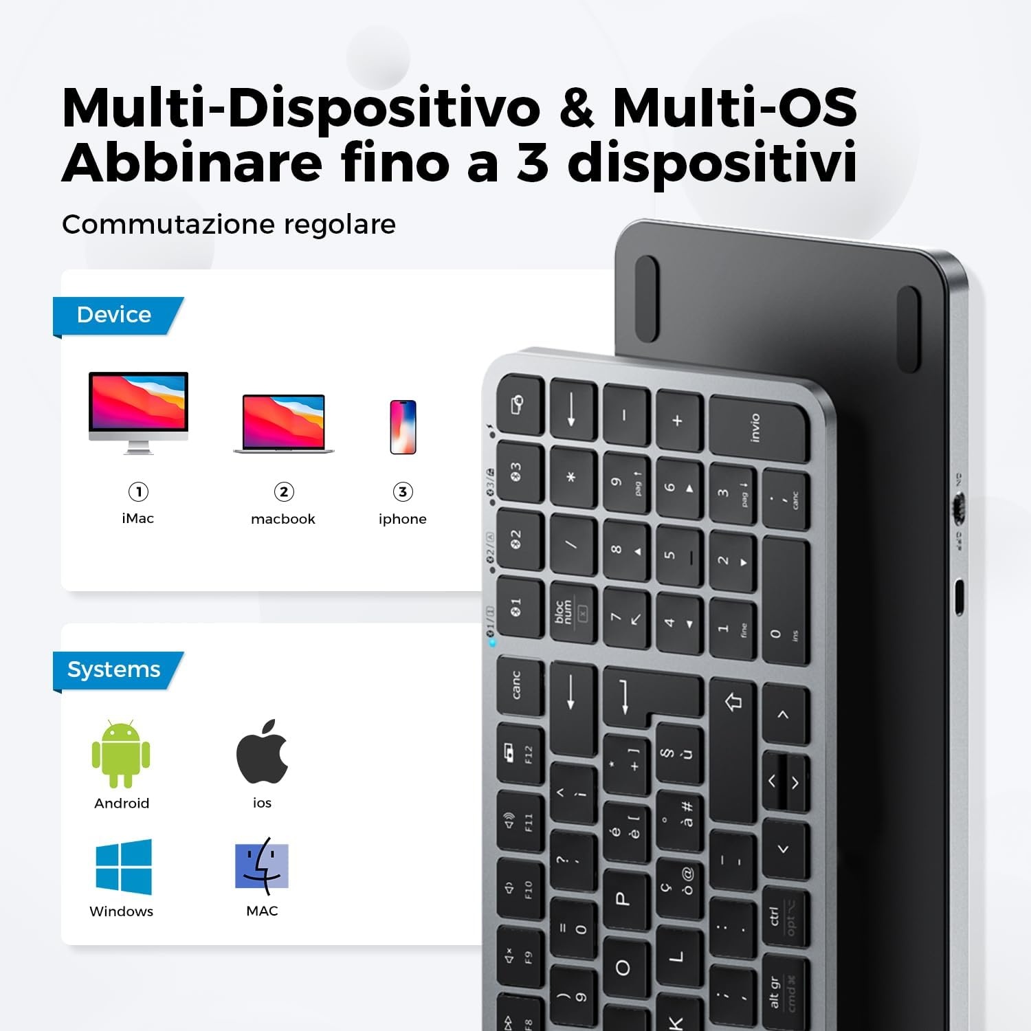 iClever Bluetooth-Toetsenbord, Draadloos en Oplaadbaar, Compact PC-Toetsenbord Voor Meerdere Apparaten Met Stabiele USB-C-Verbinding, Stil en Compatibel Met Mac Voor iPad