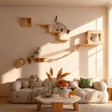 XXL kattenklimwand, wandbox van hout, 4-delig, met kattenhol, hangbrug, trap en sisalkolom, perfect wandmeubel voor katten