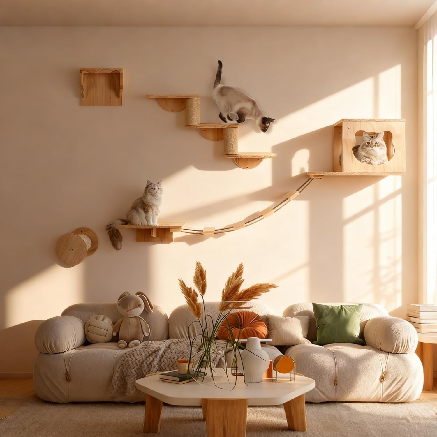 XXL kattenklimwand, wandbox van hout, 4-delig, met kattenhol, hangbrug, trap en sisalkolom, perfect wandmeubel voor katten