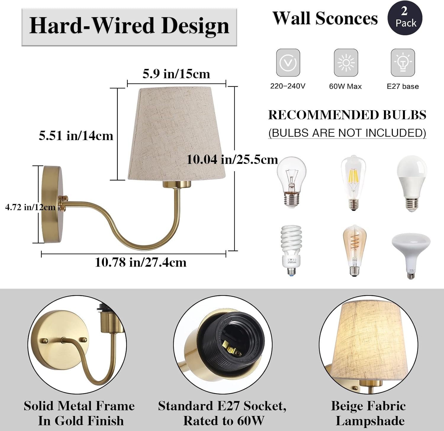 Set van 2 Gouden Wandlampen met E27 Fitting