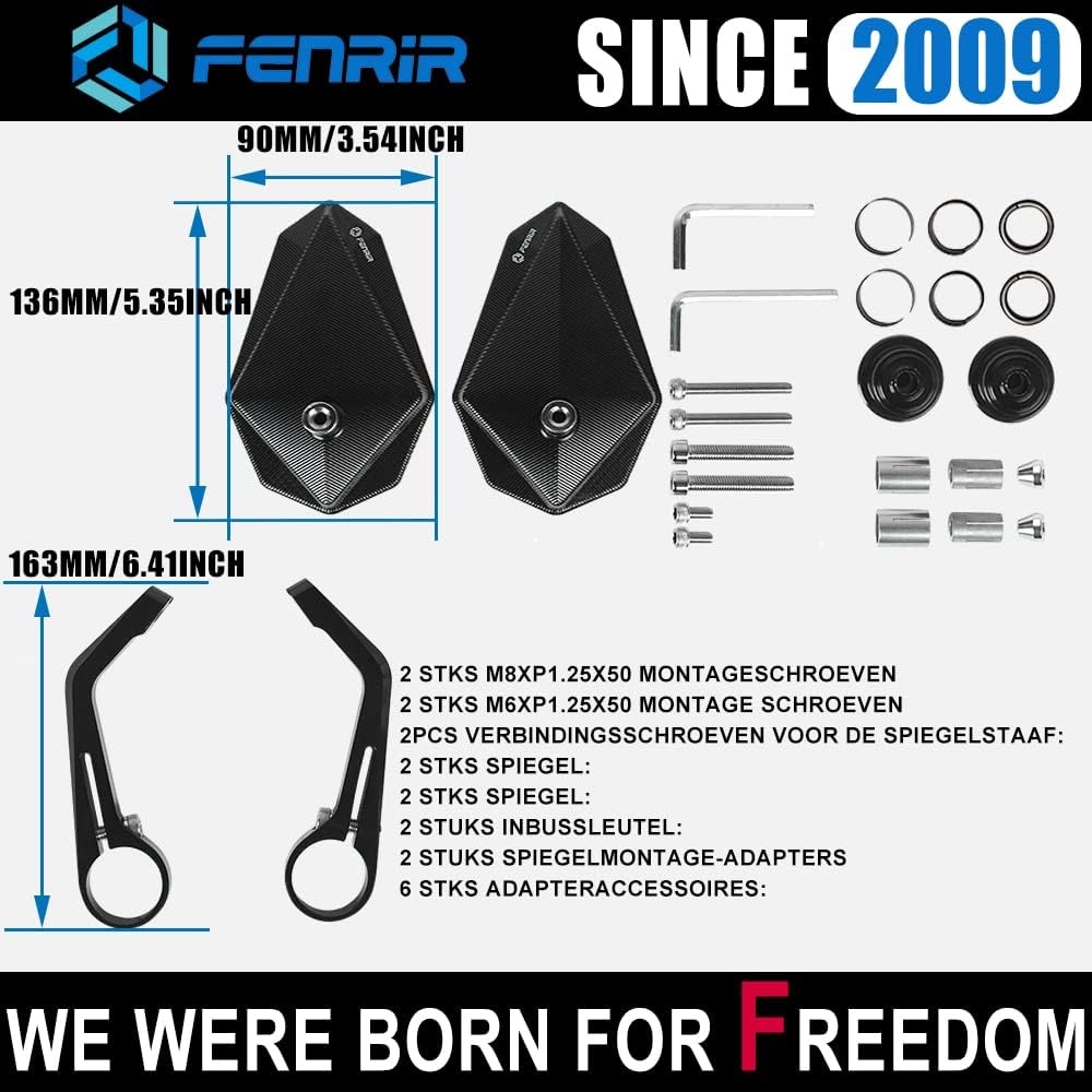 FENRIR Motorfiets Spiegels Stuurspiegel Achteruitkijkspiegel Motorfietsen zwart CNC Aluminium profiel Ontspiegeld Naked Bike Sport Scrambler voor Honda Suzuki Kawasaki Yamaha ducati BMW Aprilia Vespa