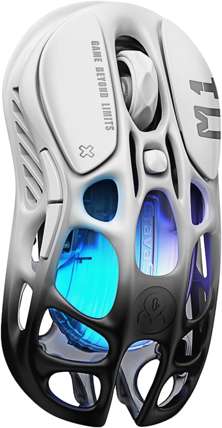 GravaStar Mercury M1 Pro draadloze gamingmuis, lichtgewicht magnesiumlegering, 26.000 DPI, PAW3395DM-sensor, 5 programmeerbare knoppen, ondersteuning bekabeld/2,4 GHz/BT, tot 200 uur batterij