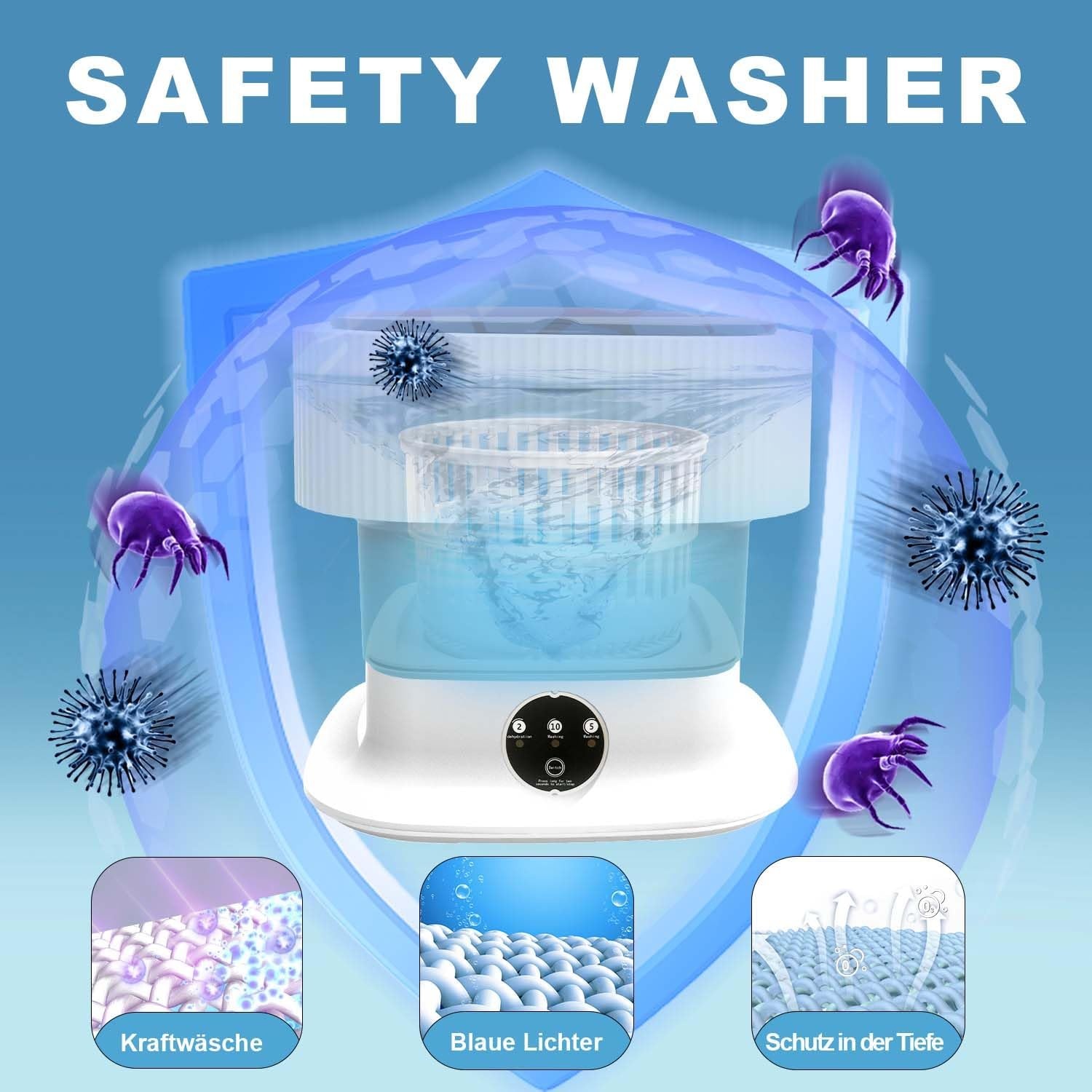 Campingwasmachine, 12 l, 2 kg, 2 in 1, opvouwbare reiswasmachine, dieptereiniging van ondergoed, babykleding, sokken, handdoeken, draagbare wasmachine voor hotel, woningen, camper, blauw