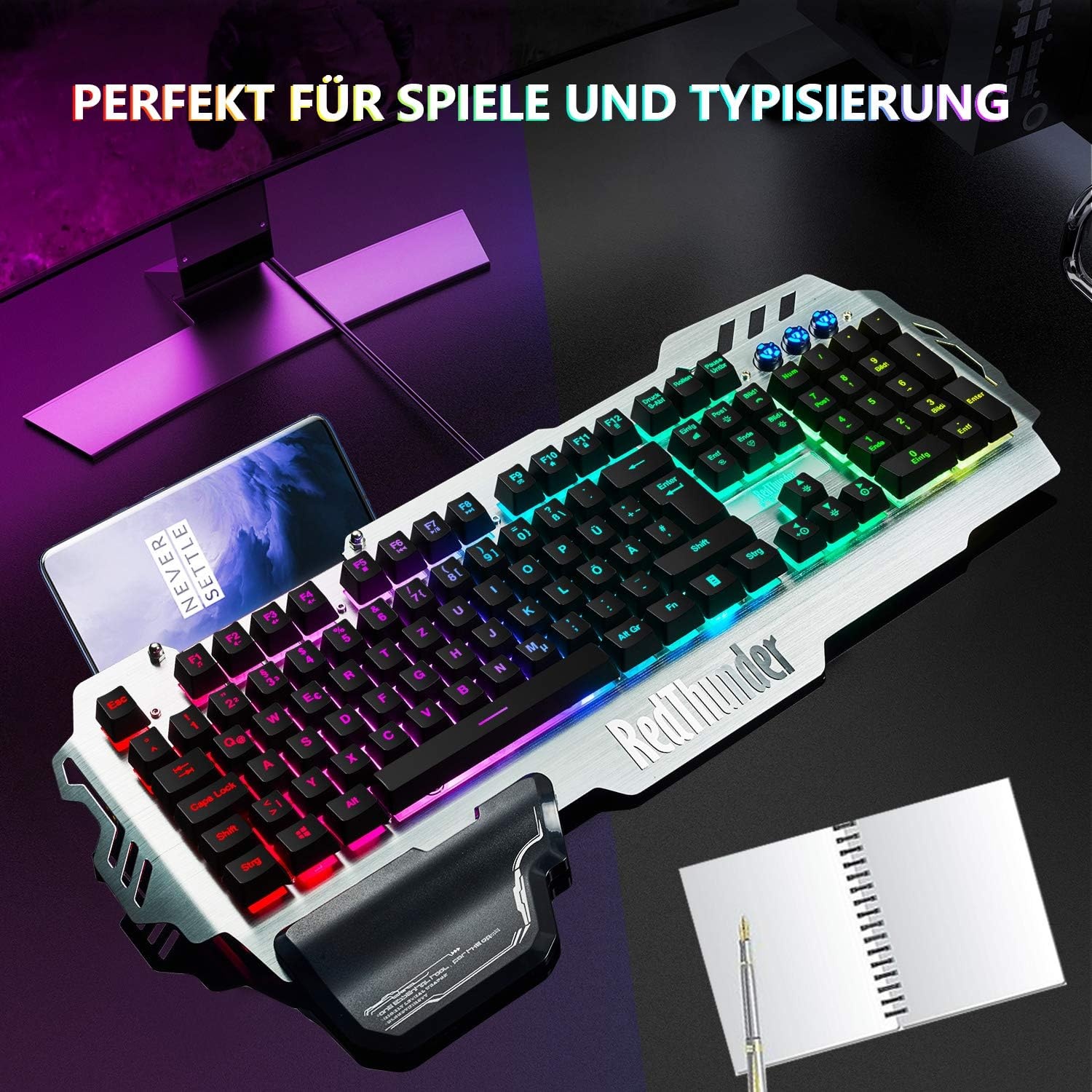 Halfmechanisch Gaming Toetsenbord: QWERTZ Duits, RGB, Metaal - 47% Korting