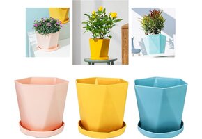 3 Roze/Geel/Blauwe Kunststof Plantenpotten met Schotel | 14,5 cm | Binnen & Buiten