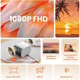 Yaber L2s Beamer Sound by JBL, 700 ANSI 1080P Native projector, naadloze autofocus videobeamer, led-beamer met WiFi6 en Bluetooth 5.1 thuisbioscoopbeamer voor mobiele telefoon/laptop, compatibel met