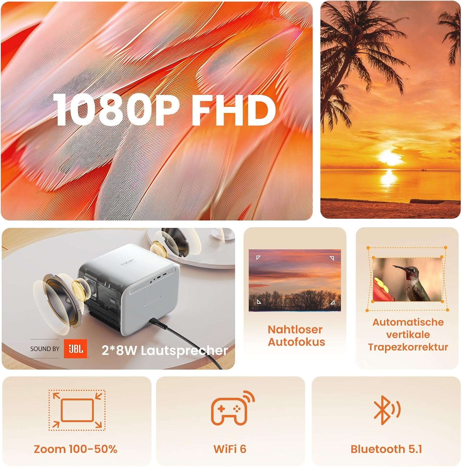 Yaber L2s Beamer Sound by JBL, 700 ANSI 1080P Native projector, naadloze autofocus videobeamer, led-beamer met WiFi6 en Bluetooth 5.1 thuisbioscoopbeamer voor mobiele telefoon/laptop, compatibel met