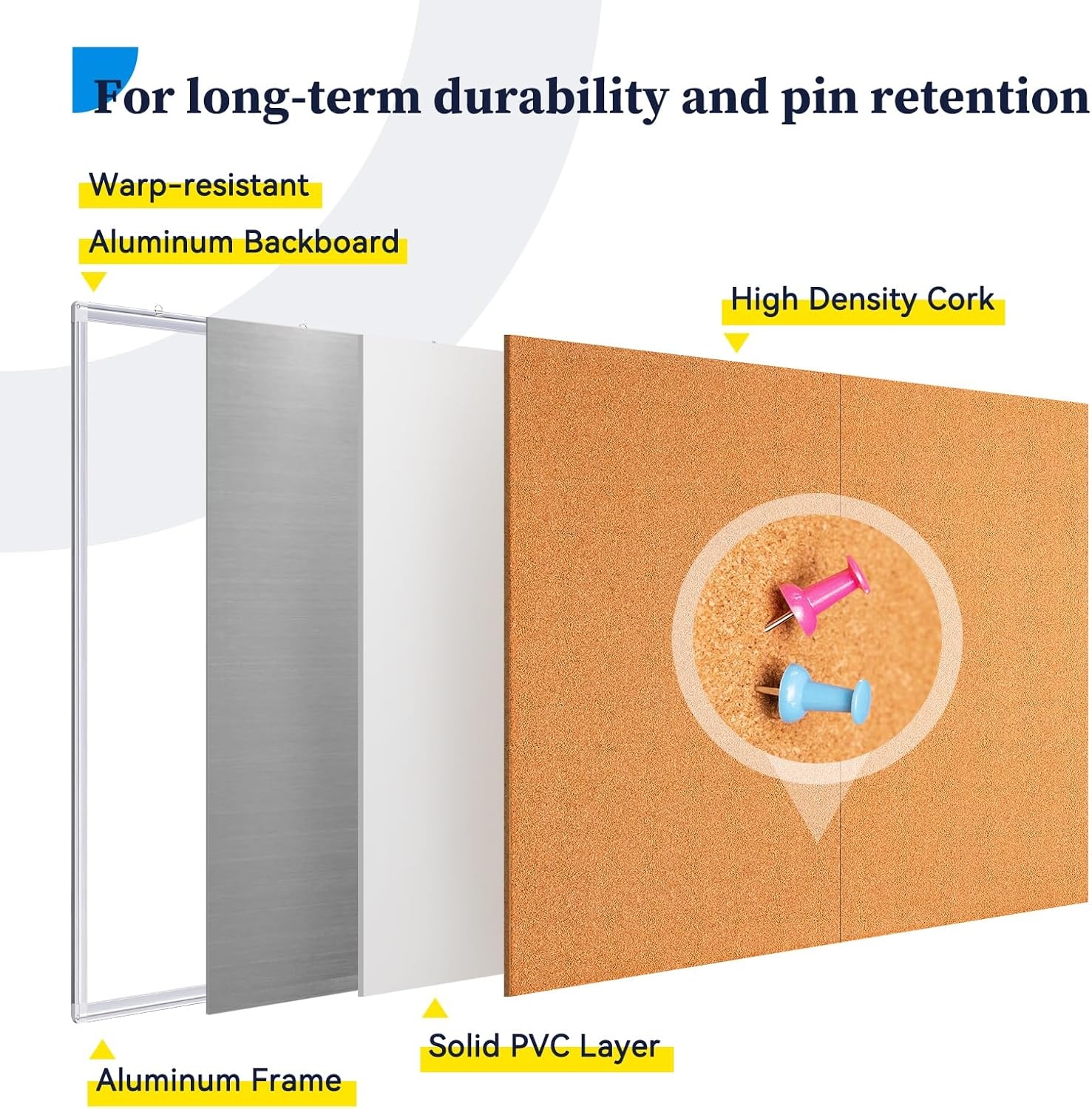 Prikbord kurk 150x90 cm met aluminium frame, zelfherstellend 10mm dik, inclusief 12 punaises voor thuis, kantoor, school