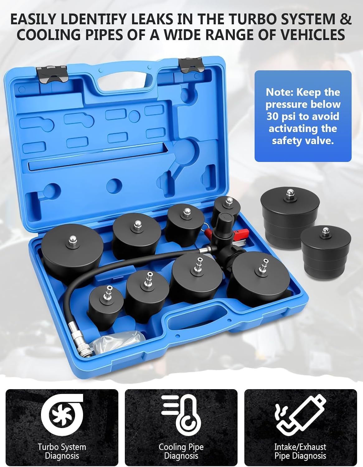 Luchtlek Detector Set Turbosysteem 9-delig voor Intercoolers & Drukleidingen, 30-90 mm adapters, 0-6 bar