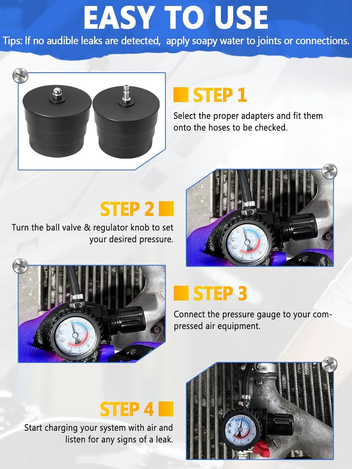 Luchtlek Detector Set Turbosysteem 9-delig voor Intercoolers & Drukleidingen, 30-90 mm adapters, 0-6 bar