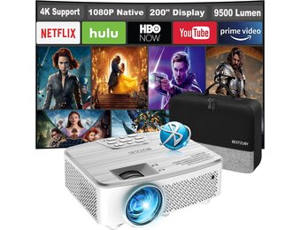 Draagbare projector 1080P Nativ, mini-Bluetooth-projector met 9500 lumen, ondersteuning 4K, bioscoopprojector, max. 500 cm, compatibel met tv-stick, HDMI, VGA, USB, TF AV (zilver)