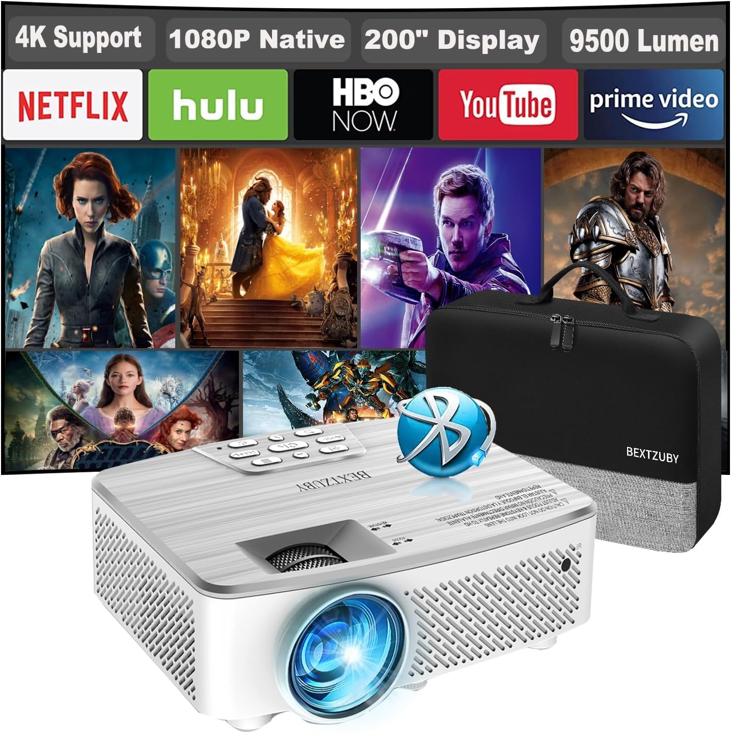 Draagbare projector 1080P Nativ, mini-Bluetooth-projector met 9500 lumen, ondersteuning 4K, bioscoopprojector, max. 500 cm, compatibel met tv-stick, HDMI, VGA, USB, TF AV (zilver)