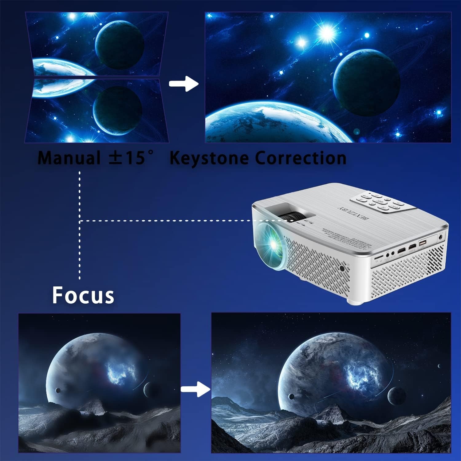 Draagbare projector 1080P Nativ, mini-Bluetooth-projector met 9500 lumen, ondersteuning 4K, bioscoopprojector, max. 500 cm, compatibel met tv-stick, HDMI, VGA, USB, TF AV (zilver)