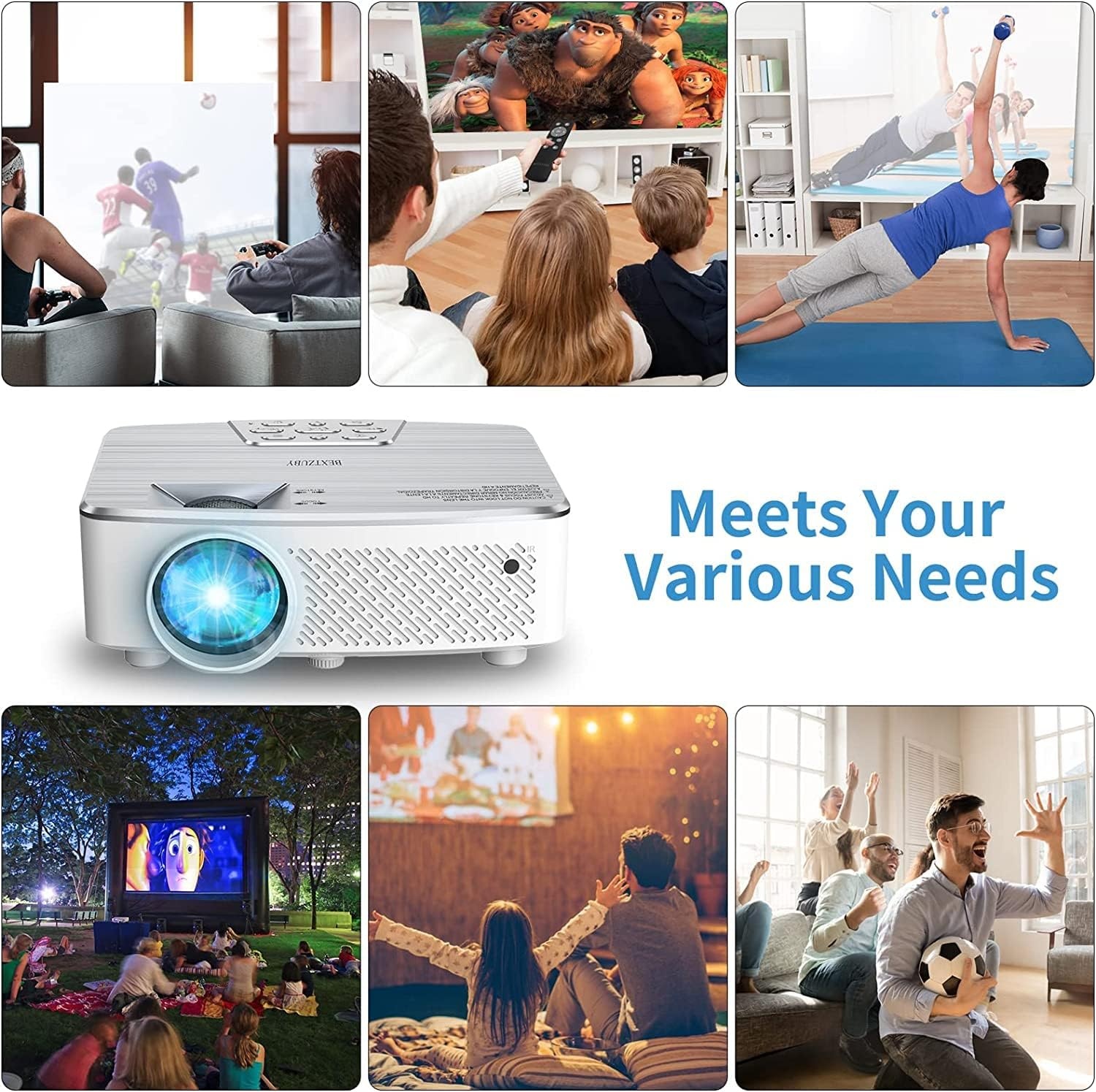 Draagbare projector 1080P Nativ, mini-Bluetooth-projector met 9500 lumen, ondersteuning 4K, bioscoopprojector, max. 500 cm, compatibel met tv-stick, HDMI, VGA, USB, TF AV (zilver)