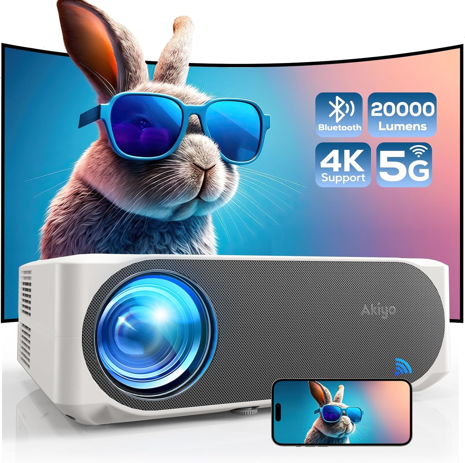 AKIYO O8 4K Projector: 20000 Lumen WiFi 6 Bluetooth, 300" Beeld, Home Theater met Zoomfunctie