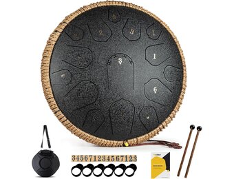 MeloBeat Tongtrommel, 14 inch, 15 tonen, professionele stalen tongtrommel, handpan set in D Dur incl. tongtrommel, liedboek, drumstokjes en trommel draagtas (zwart)