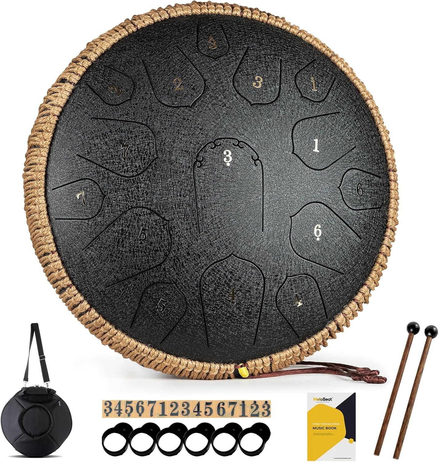 MeloBeat Tongtrommel, 14 inch, 15 tonen, professionele stalen tongtrommel, handpan set in D Dur incl. tongtrommel, liedboek, drumstokjes en trommel draagtas (zwart)