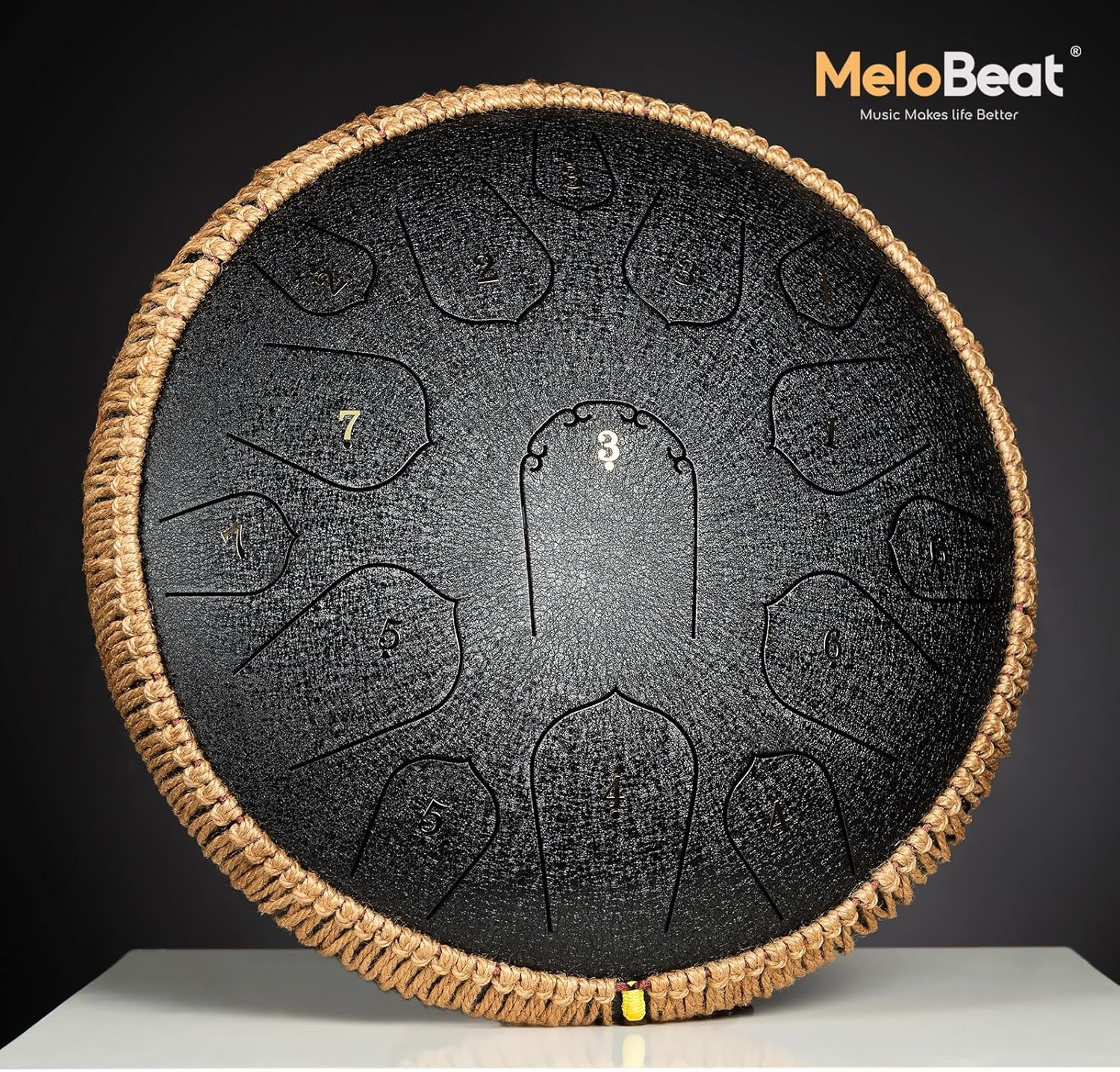 MeloBeat Tongtrommel, 14 inch, 15 tonen, professionele stalen tongtrommel, handpan set in D Dur incl. tongtrommel, liedboek, drumstokjes en trommel draagtas (zwart)