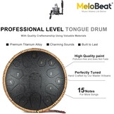MeloBeat Tongtrommel, 14 inch, 15 tonen, professionele stalen tongtrommel, handpan set in D Dur incl. tongtrommel, liedboek, drumstokjes en trommel draagtas (zwart)