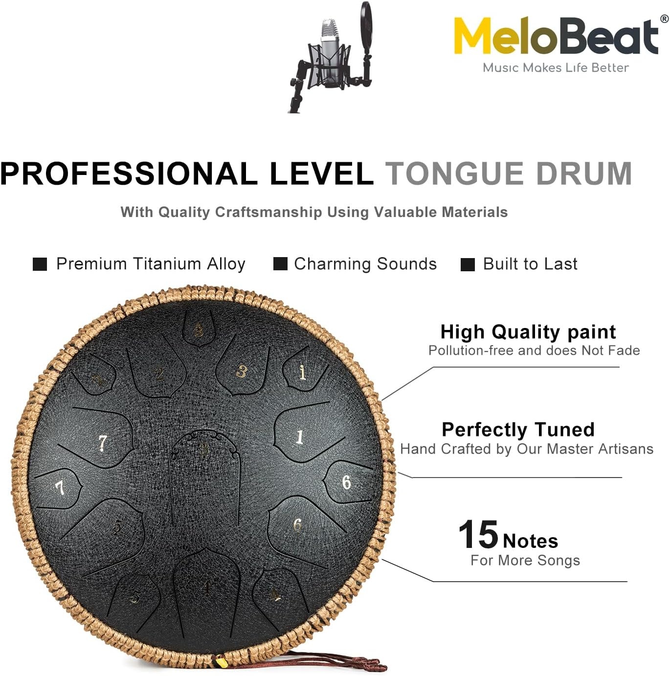 MeloBeat Tongtrommel, 14 inch, 15 tonen, professionele stalen tongtrommel, handpan set in D Dur incl. tongtrommel, liedboek, drumstokjes en trommel draagtas (zwart)