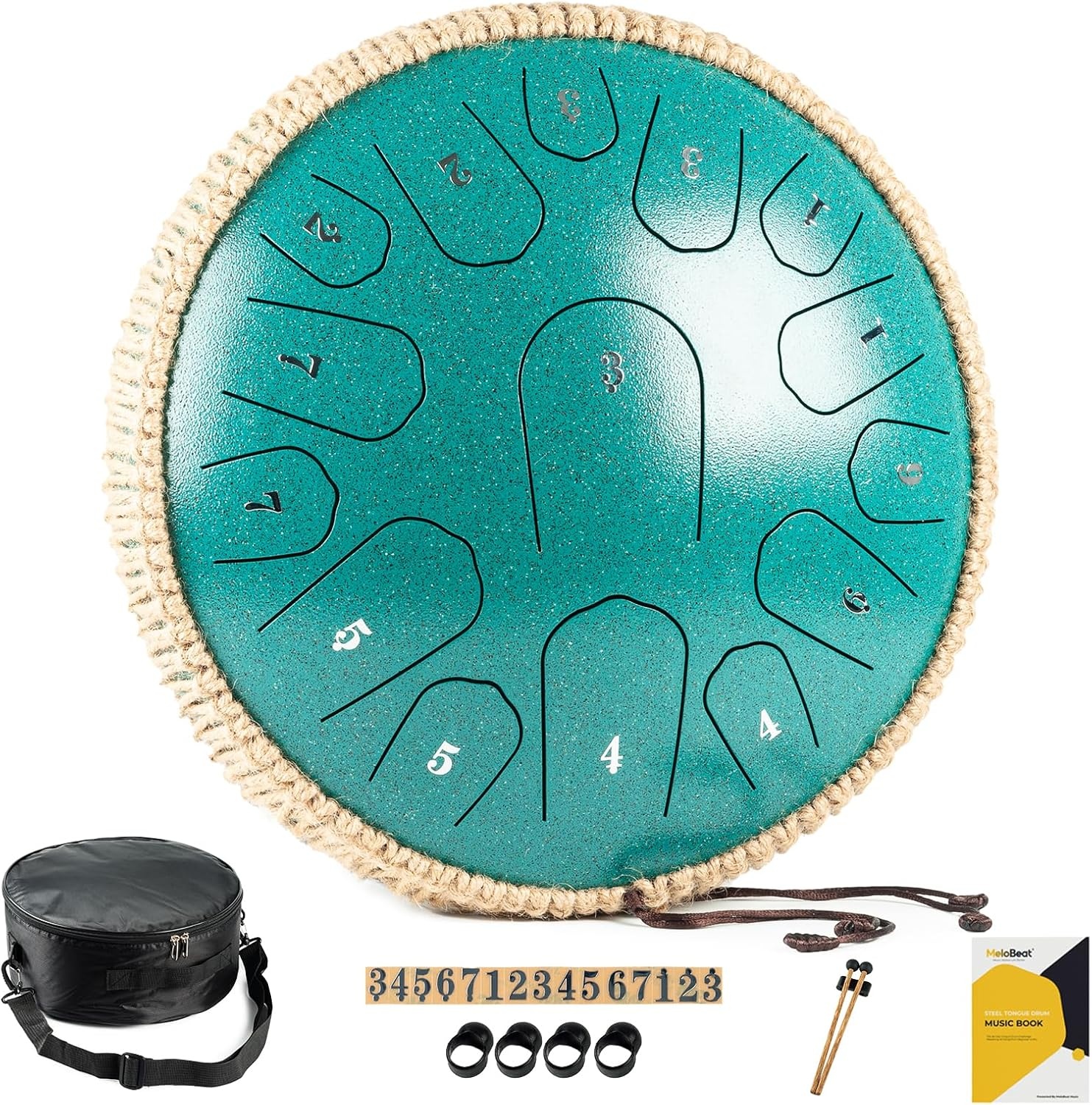 MeloBeat Tongtrommel, 14 inch, 15 tonen, professionele stalen tongtrommel, handpan set in D Dur incl. tongtrommel, liedboek, drumstokjes en trommel draagtas (zwart)