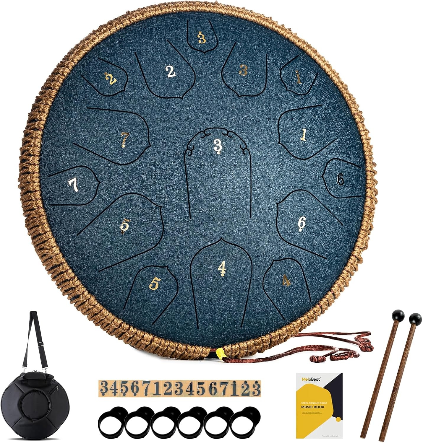 MeloBeat Tongtrommel, 14 inch, 15 tonen, professionele stalen tongtrommel, handpan set in D Dur incl. tongtrommel, liedboek, drumstokjes en trommel draagtas (zwart)
