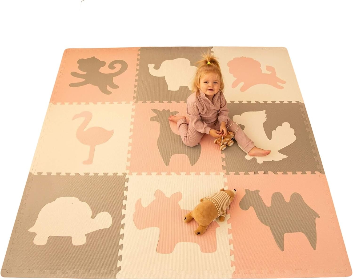 Puzzelmat Baby Speelmat Afrika 1,8x1,8m – 9 EVA tegels 60x60cm – 1,2cm Dik – Wit Grijs Zachtroze Pastel – Schadstoffenvrij