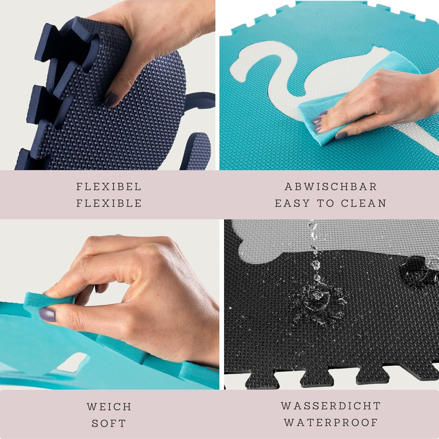 Puzzelmat Baby Speelmat Afrika 1,8x1,8m – 9 EVA tegels 60x60cm – 1,2cm Dik – Wit Grijs Zachtroze Pastel – Schadstoffenvrij