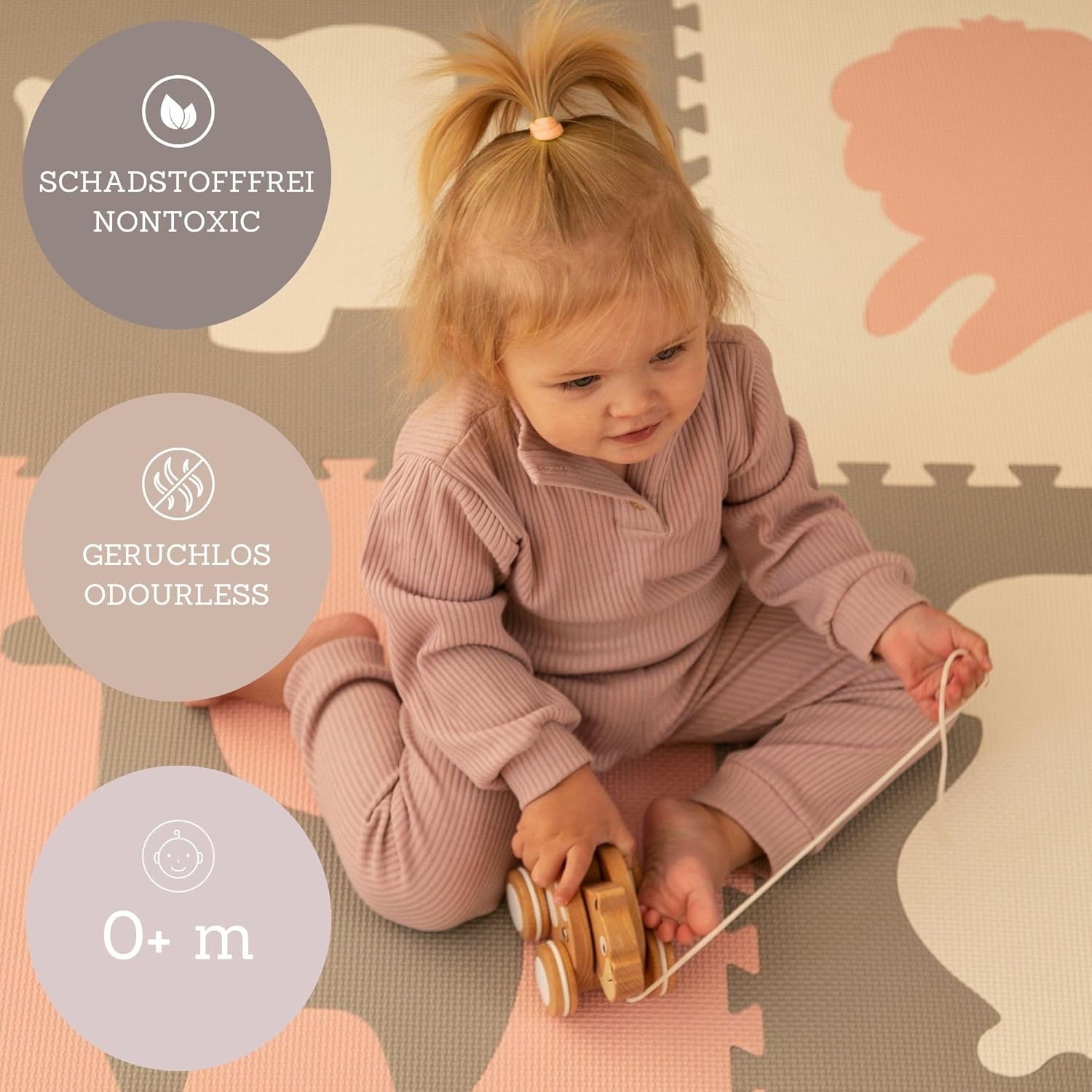 Puzzelmat Baby Speelmat Afrika 1,8x1,8m – 9 EVA tegels 60x60cm – 1,2cm Dik – Wit Grijs Zachtroze Pastel – Schadstoffenvrij