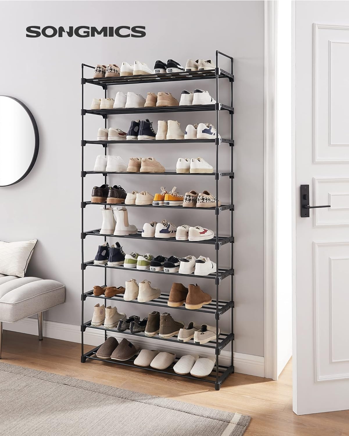 SONGMICS LSA10BK 10 Tier Shoe Rack High Shoe Rack Slim Shoe Rack Storage Metal Space Saving Dressing Room Entrance 30 x 94 x 206 cm Black
