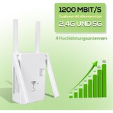 WLAN-repeater, 1200 Mbit/s, dual-band wifi-booster met repeater/router/access point-modus, 4 antennes, eenvoudige installatie, WLAN-reikwijdteverlenging met LAN/WAN-poort (wit)