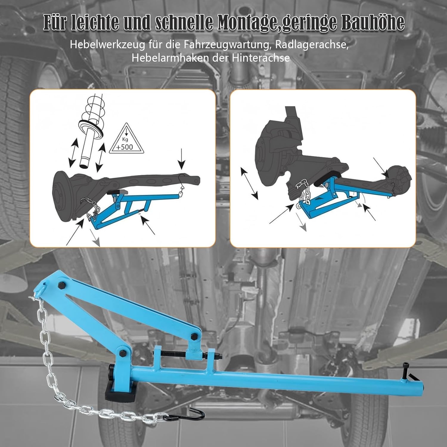 Draagarmhefboom Montagegereedschap Universeel met Ketting, Koolstofstaal, 500 kg, Blauw, Lengte 1030-1300mm, Spanhoogte 65-265mm