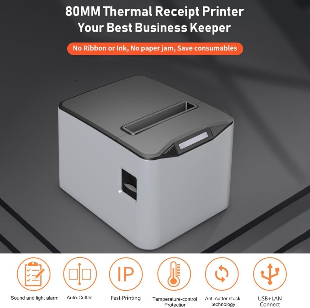 Bisofice Thermische printer, 80 mm, cassetprinter met ESC/POS, ondersteunt automatisch snijden (220 mm/s, USB-poort + ethernet)