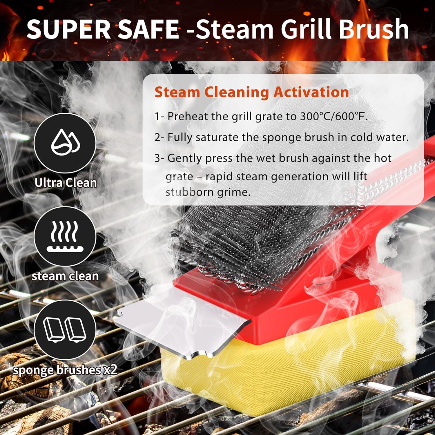 Grillborstel met hittebestendige kop, grillreinigingsborstel met lange borstelharen, roestvrijstalen spatel en extra lange warmte-isolerende handgreep, voor alle barbecues, rood