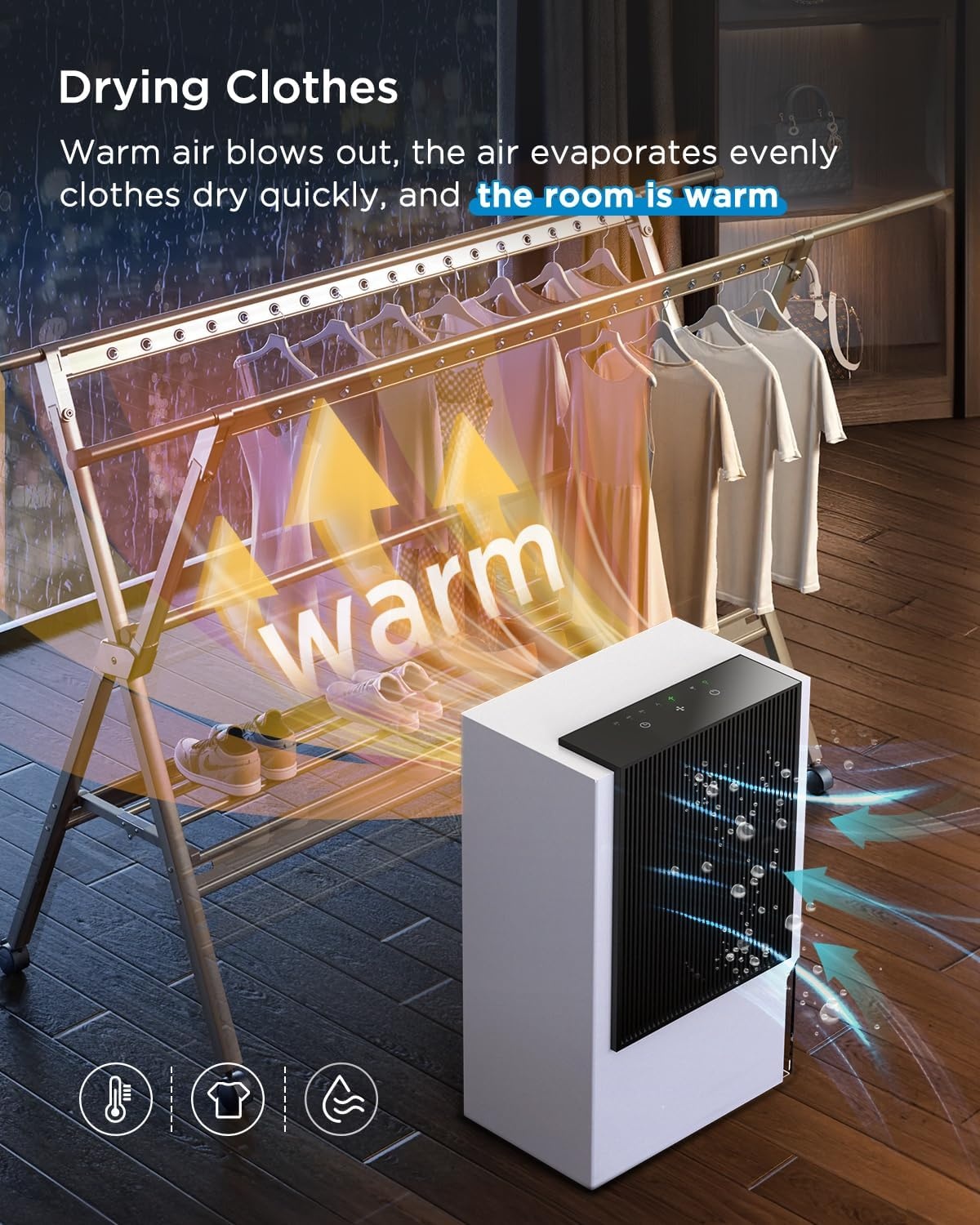 EasyAcc 3-in-1 elektrische luchtontvochtiger, 3 l/24 uur, stil, draagbare ontvochtiger, kantelbeveiliging, krachtige wintermodus, slaapmodus, timer voor badkamer, kelder