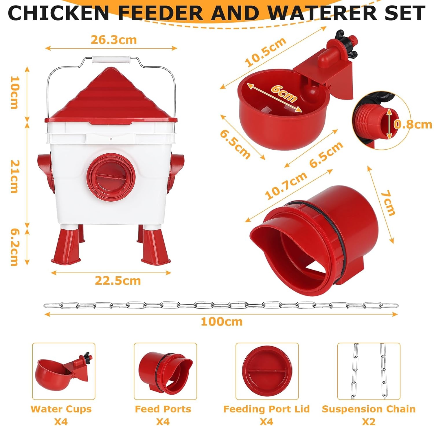 EFUTURETIME Kippendrinkbak, 7 liter, automatisch met voeten en 8 kg container, voederautomaat voor kippen, gevogelte, voederdispenser, ophangbare kippendrinkbak met stalen kettingen (2 stuks)