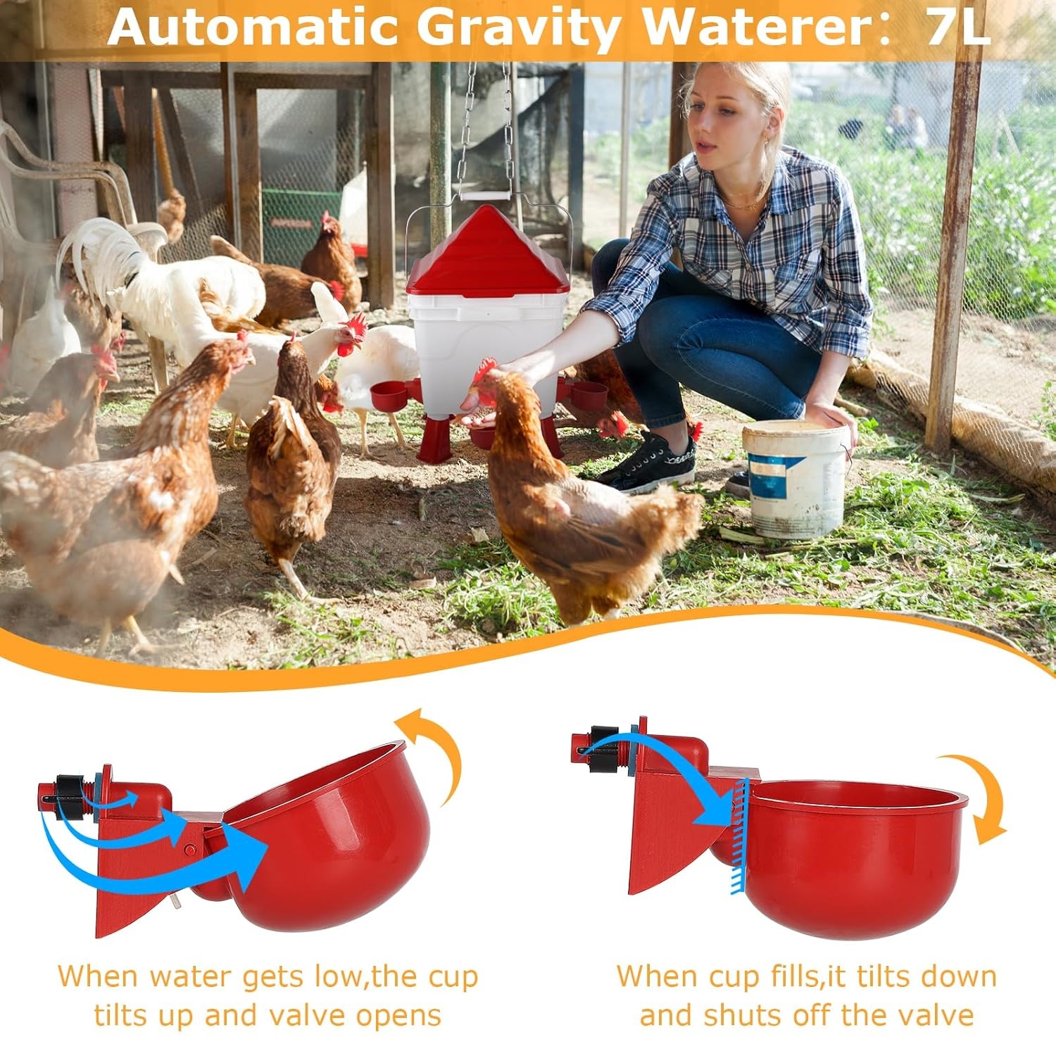 EFUTURETIME Kippendrinkbak, 7 liter, automatisch met voeten en 8 kg container, voederautomaat voor kippen, gevogelte, voederdispenser, ophangbare kippendrinkbak met stalen kettingen (2 stuks)