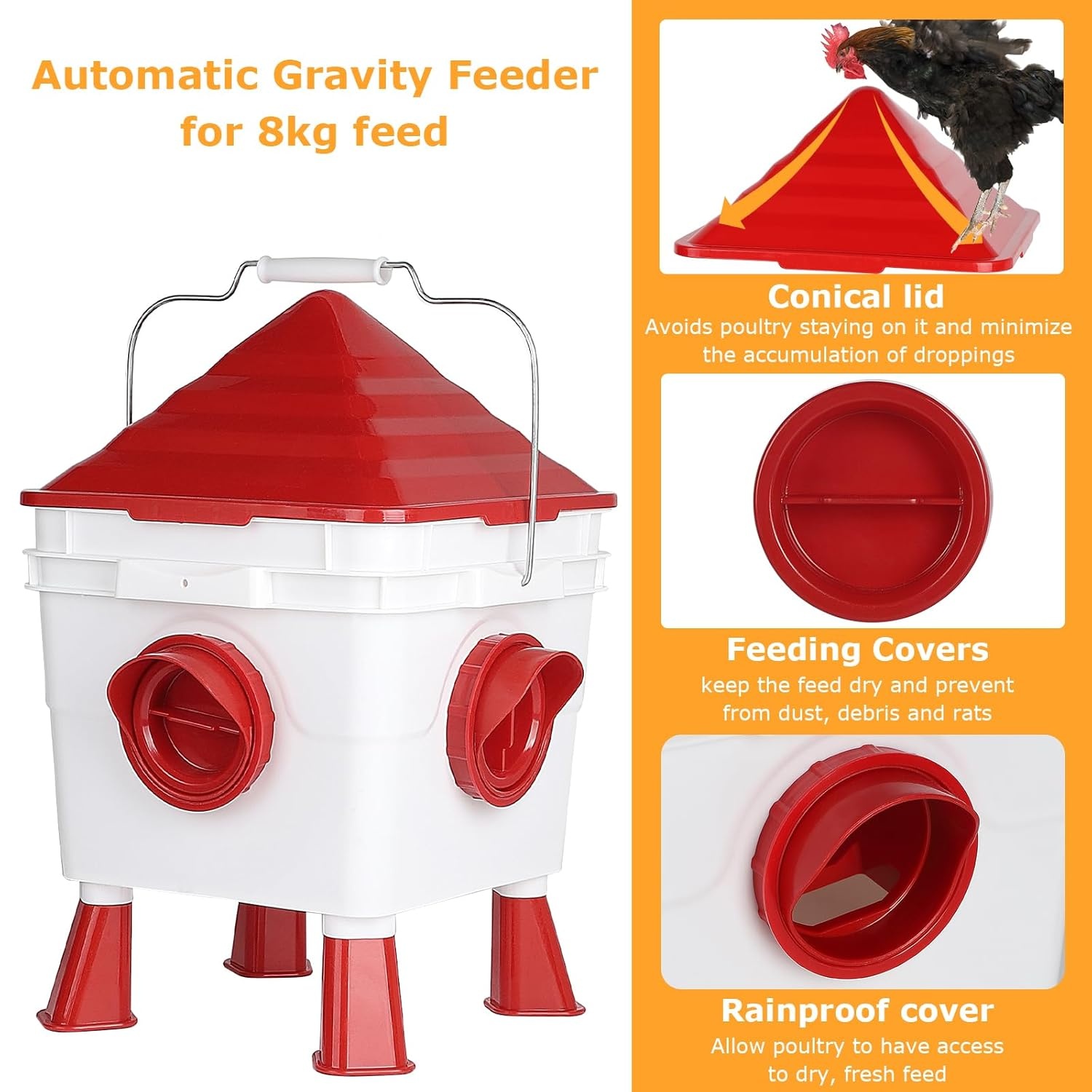 EFUTURETIME Kippendrinkbak, 7 liter, automatisch met voeten en 8 kg container, voederautomaat voor kippen, gevogelte, voederdispenser, ophangbare kippendrinkbak met stalen kettingen (2 stuks)