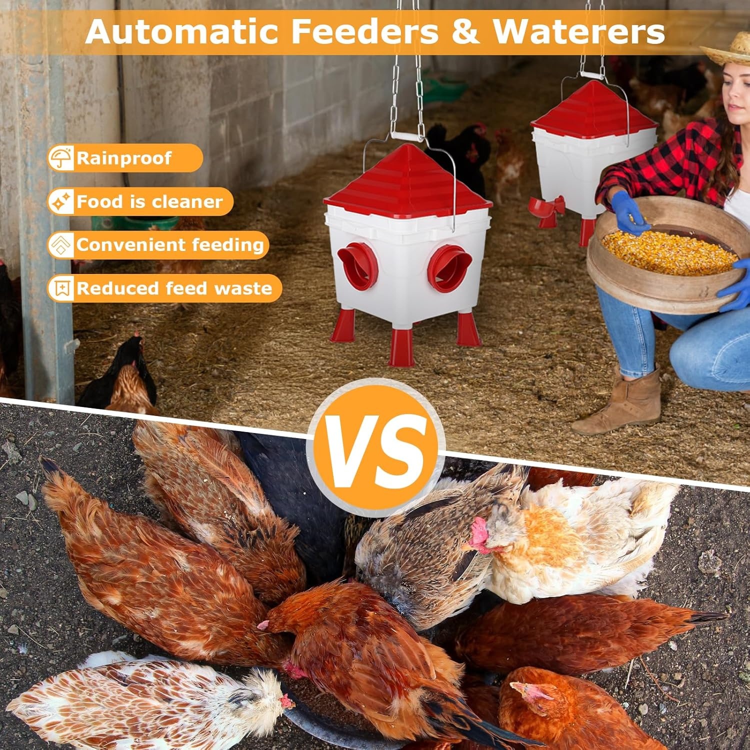 EFUTURETIME Kippendrinkbak, 7 liter, automatisch met voeten en 8 kg container, voederautomaat voor kippen, gevogelte, voederdispenser, ophangbare kippendrinkbak met stalen kettingen (2 stuks)