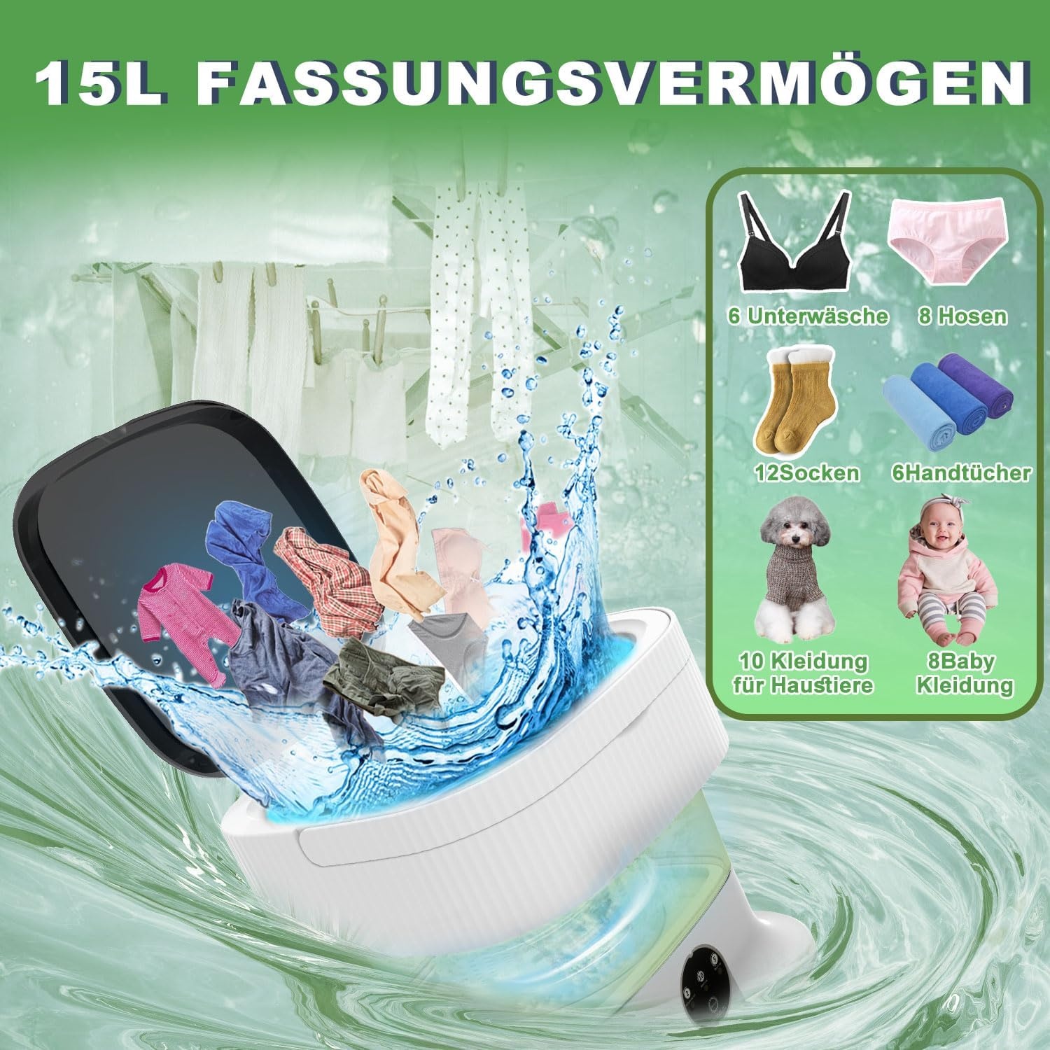Campingwasmachine, 15 l, 1,8 kg, mini-wasmachine met centrifuge, kleine wasmachine, draagbare wasmachine, dieptereiniging van ondergoed, babykleding voor woningen, slaapzalen, hotel, groen