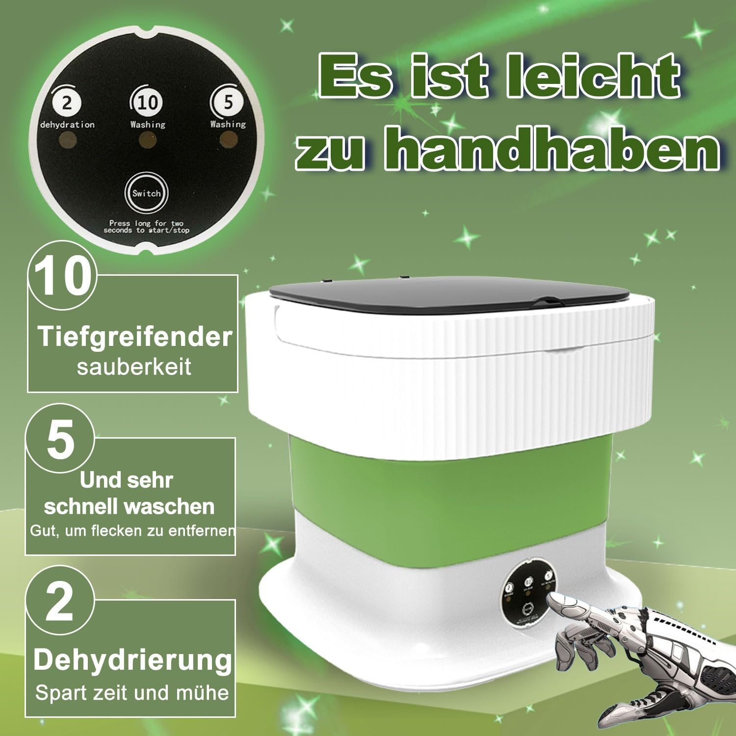 Campingwasmachine, 15 l, 1,8 kg, mini-wasmachine met centrifuge, kleine wasmachine, draagbare wasmachine, dieptereiniging van ondergoed, babykleding voor woningen, slaapzalen, hotel, groen