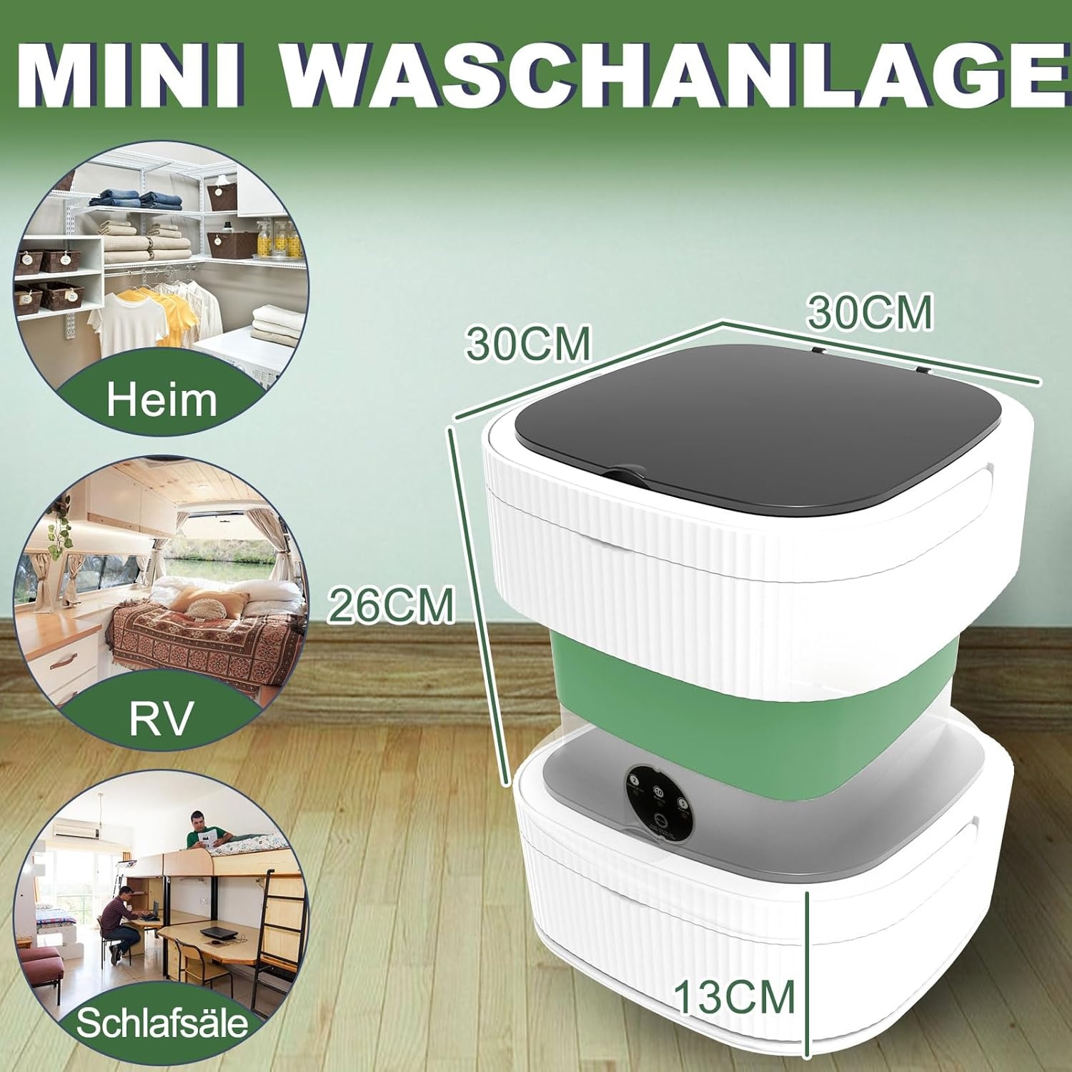 Campingwasmachine, 15 l, 1,8 kg, mini-wasmachine met centrifuge, kleine wasmachine, draagbare wasmachine, dieptereiniging van ondergoed, babykleding voor woningen, slaapzalen, hotel, groen