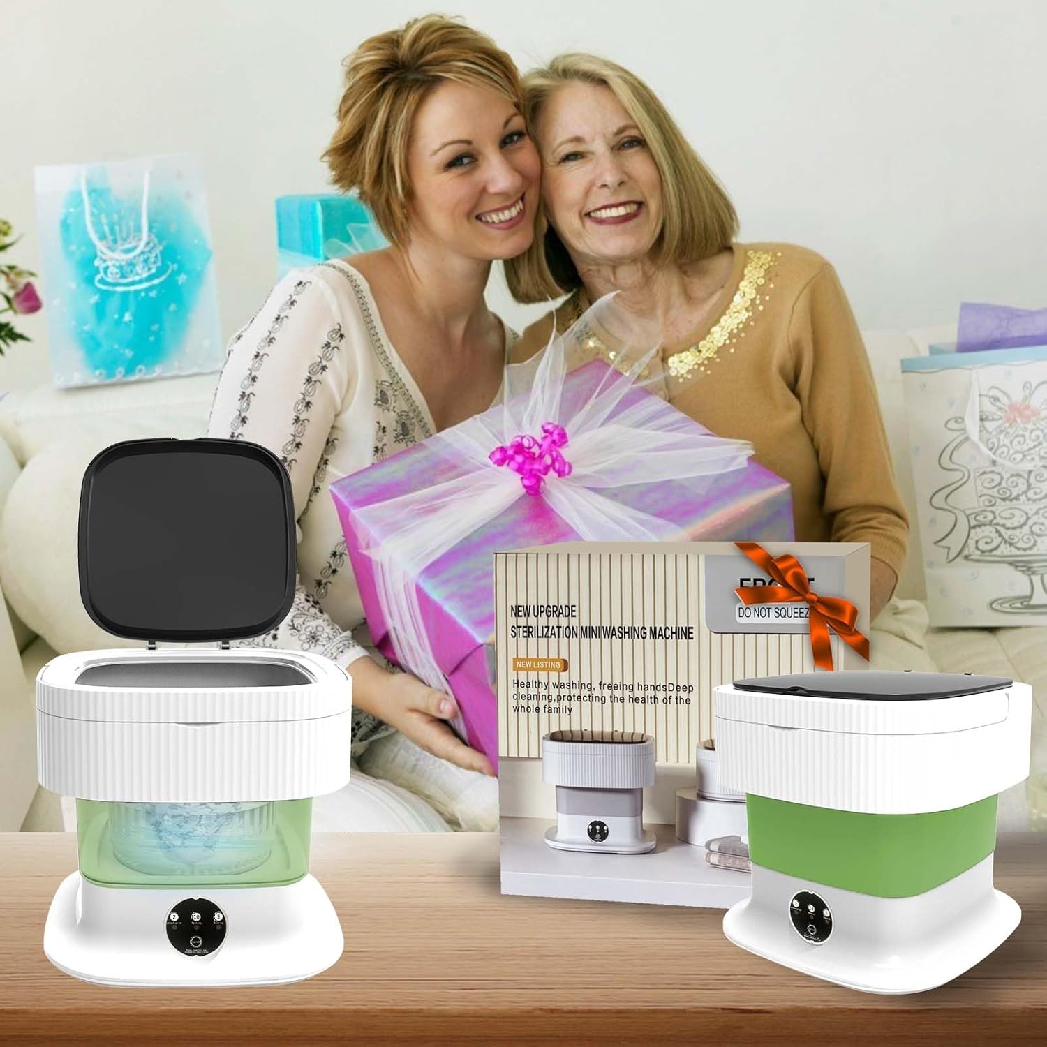 Campingwasmachine, 15 l, 1,8 kg, mini-wasmachine met centrifuge, kleine wasmachine, draagbare wasmachine, dieptereiniging van ondergoed, babykleding voor woningen, slaapzalen, hotel, groen