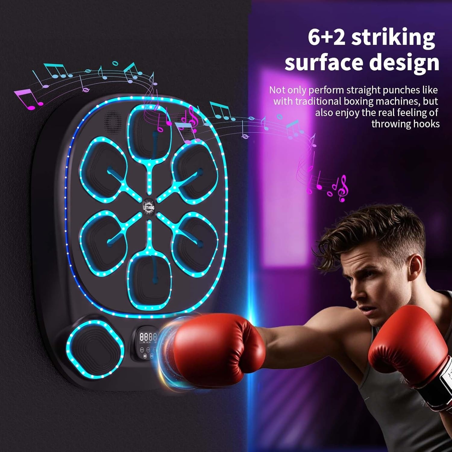 Muziekboksmachine met LED-verlichting, Bluetooth, 9 snelheidsmodi en telmodus – elektronische boksmachine voor kinderen en volwassenen – muziekboksmachine voor thuis en sportschool